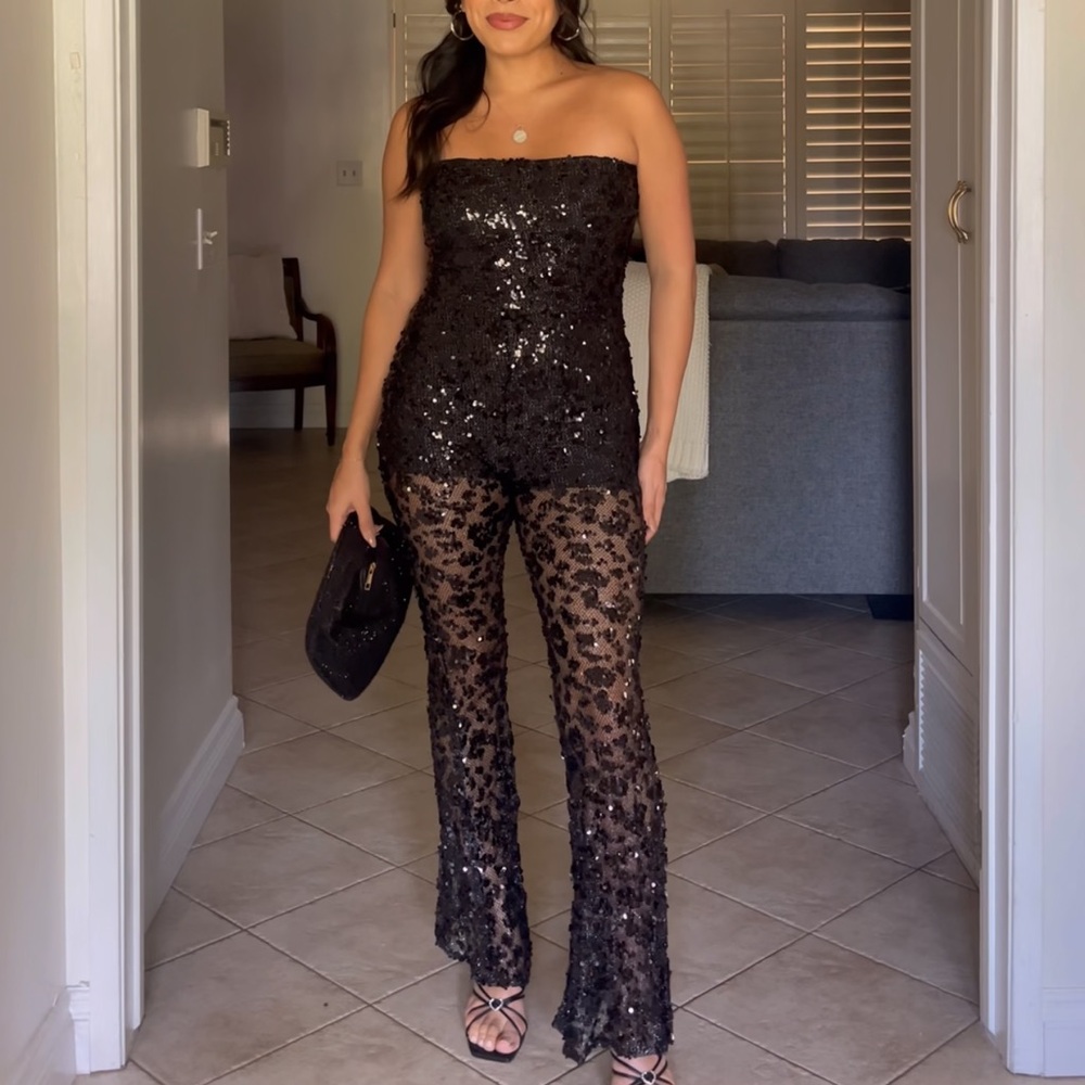 Miss Lola Black Sequin Strapless Jumpsuit